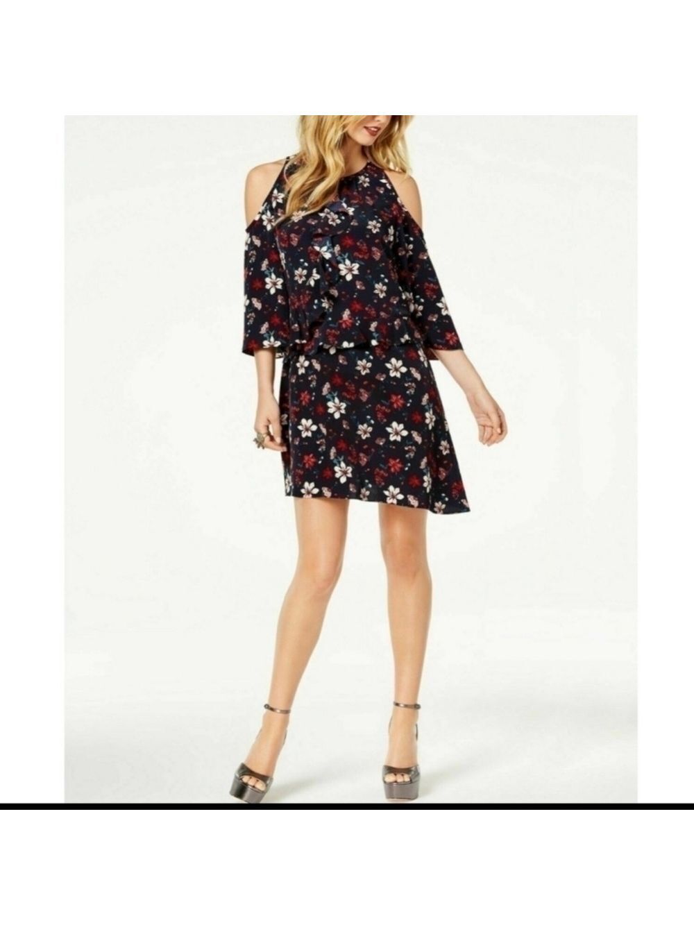 ZOE BY RACHEL ZOE Navy Blue Floral Cold Shoulder Asymmetric Dress
